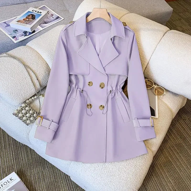 Faye | Double Breasted Button Lapel Pocket Autumn Smart Short Trench Coat Ladies