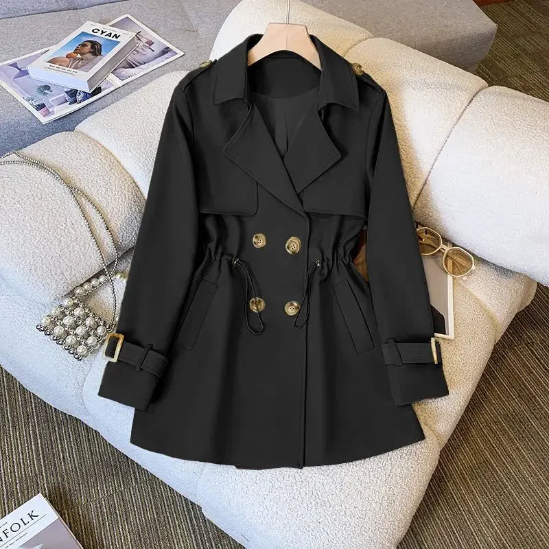 Faye | Double Breasted Button Lapel Pocket Autumn Smart Short Trench Coat Ladies