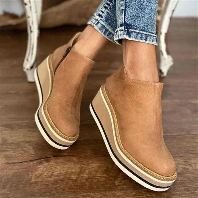 Keira | Wedge Platform Round Toe Zip Up Autumn Faux Leather Ankle Boots Women