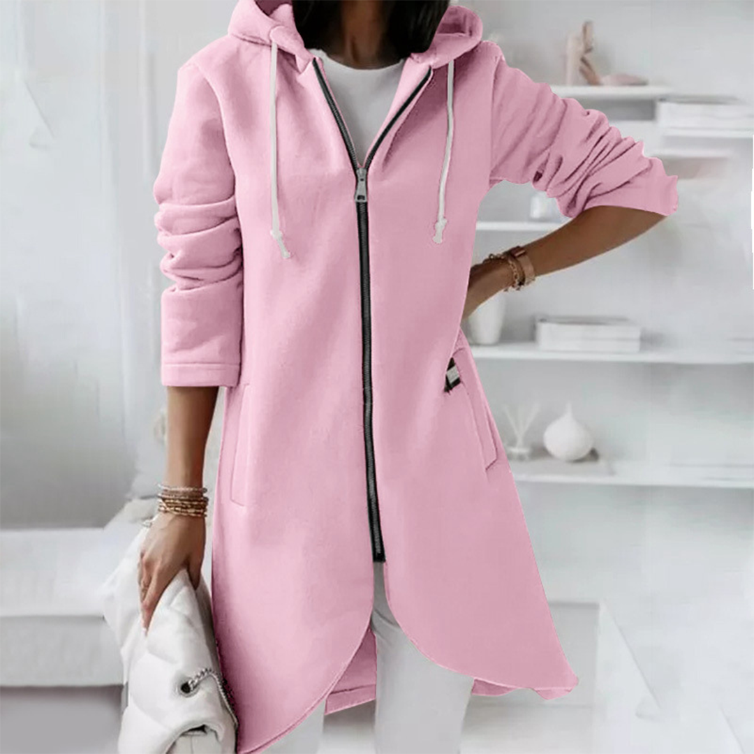 Long Zip-Up Hoodie with Curved Hem - Red