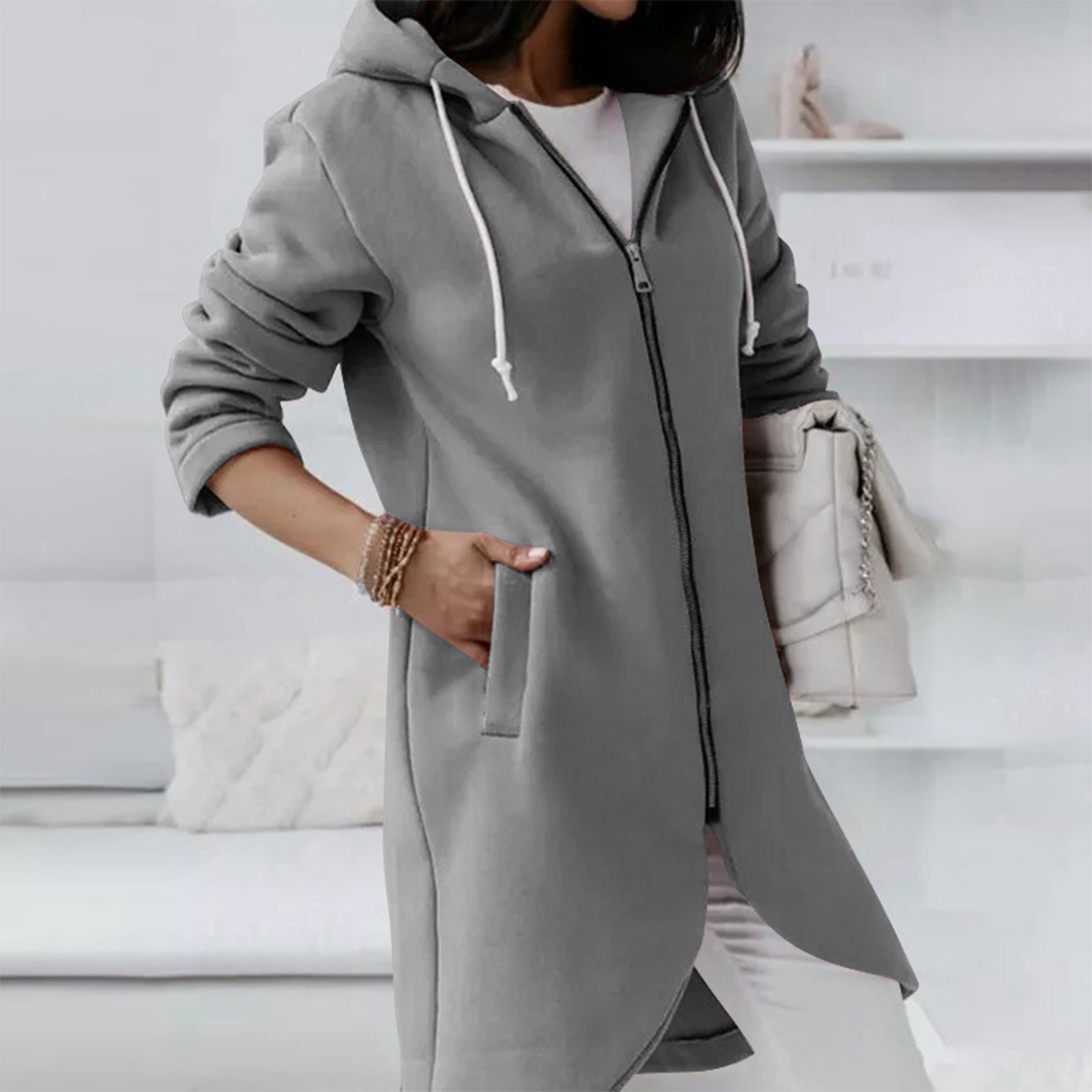 Long Zip-Up Hoodie with Curved Hem - Red