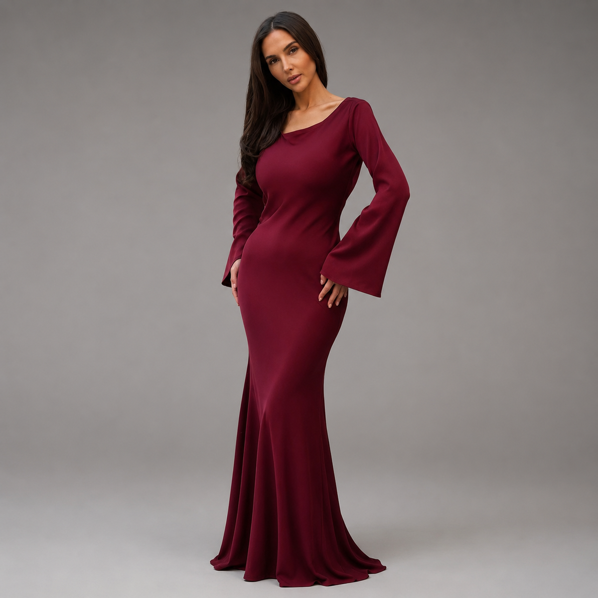 Freda | Scoop Neck Long Sleeve Lace Up Back Fishtail Prom Evening Satin Maxi Gown Women