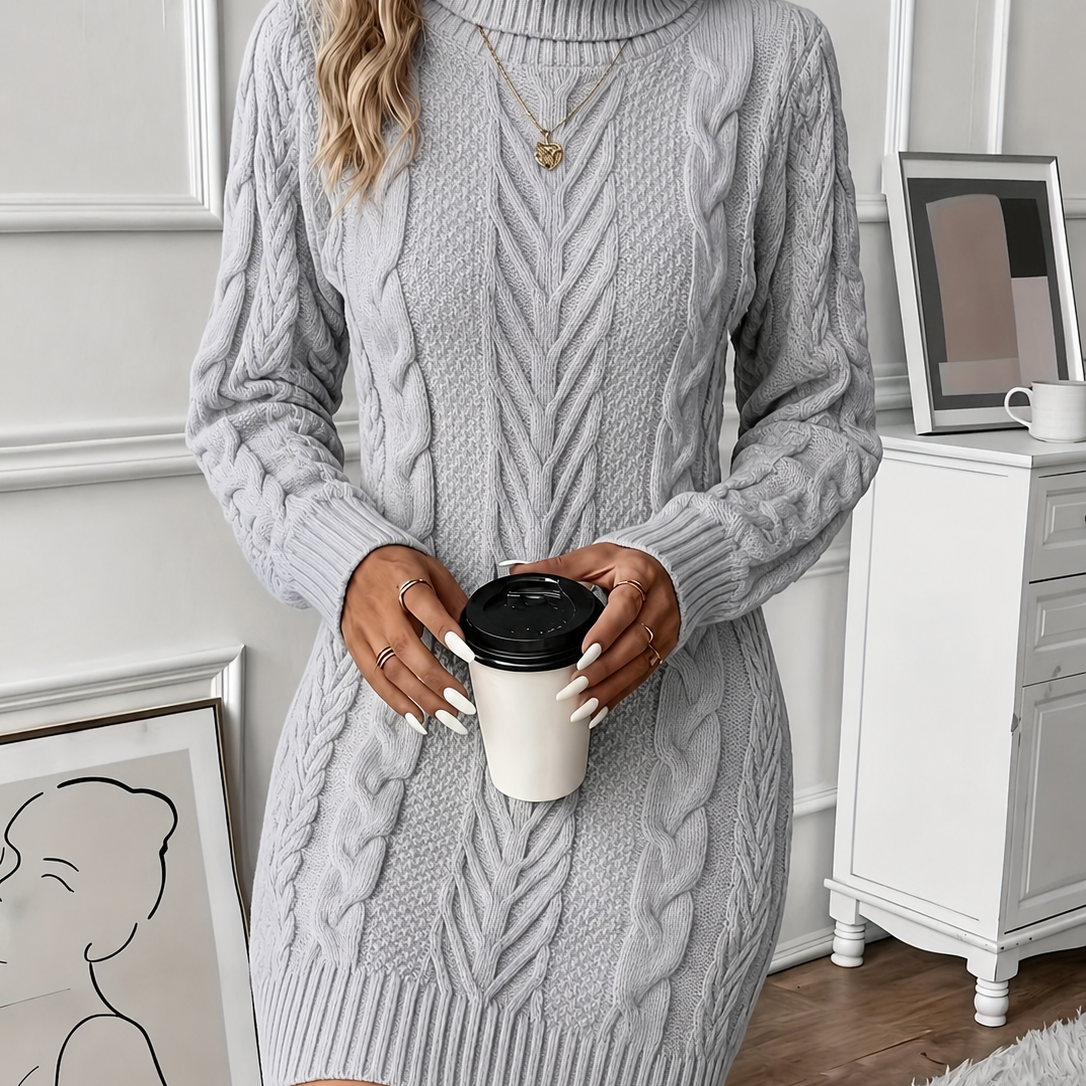 Megan | Roll Neck Long Sleeve Cable Knit Chunky Ribbed Bodycon Winter Mini Jumper Dress Women