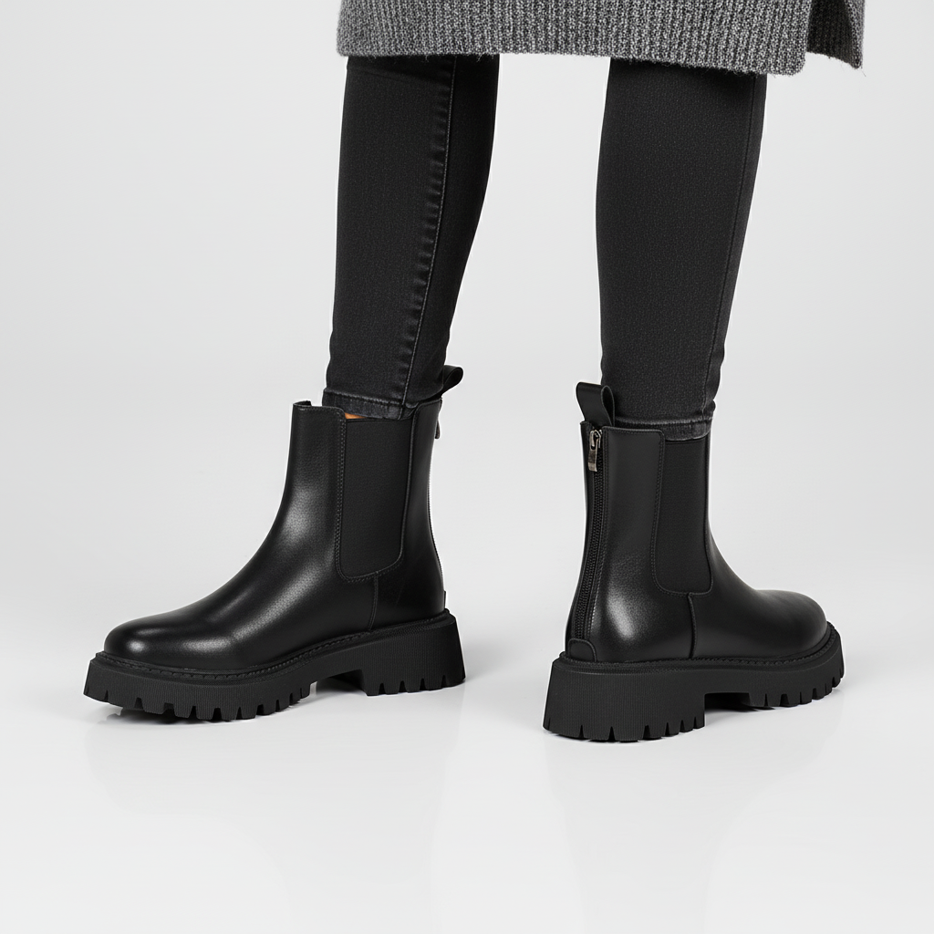 Tori | Round Toe Faux Leather Lug Autumn Chunky Platform Chelsea Boots Women