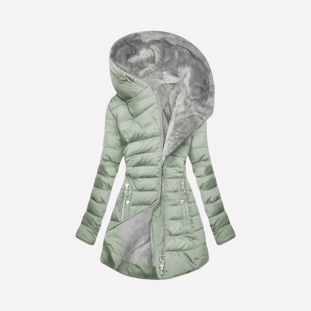 Cleo | Winter Fitted Zip Up Hooded Mid Length Padded Quilted Puffer Coat Women