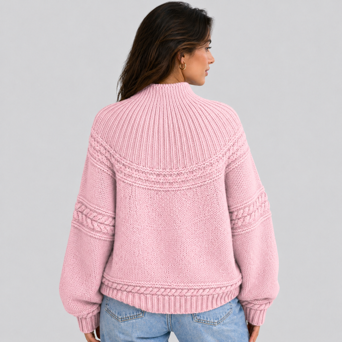Mock Neck Knit Sweater with Textured Pattern - Denim Blue