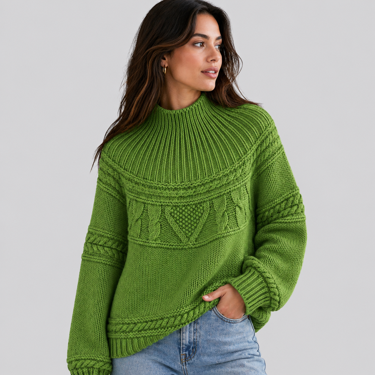 Mock Neck Knit Sweater with Textured Pattern - Denim Blue