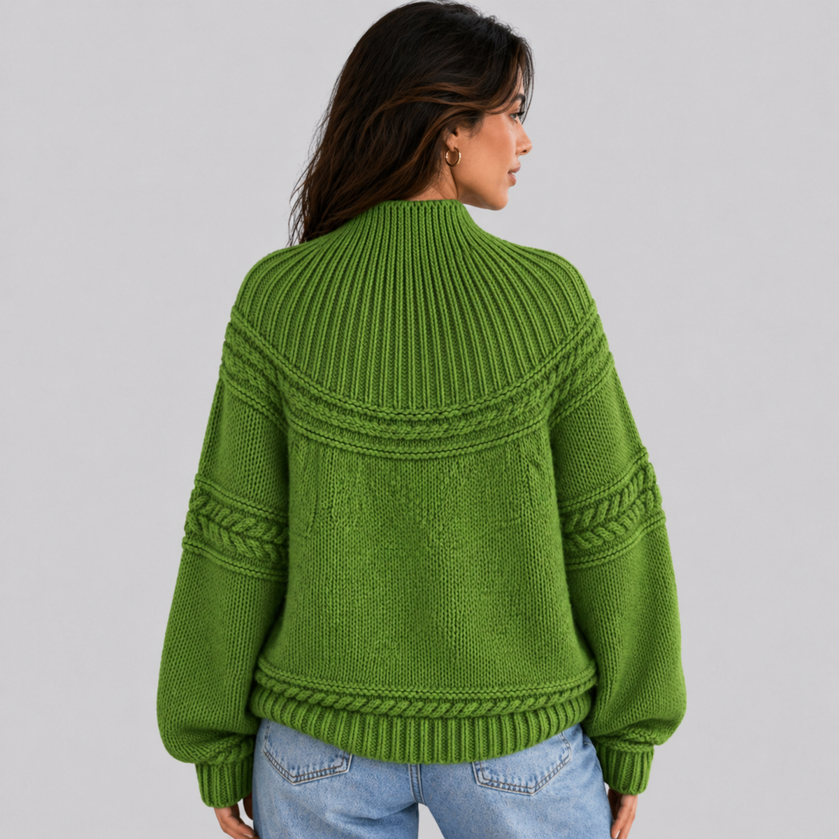 Mock Neck Knit Sweater with Textured Pattern - Denim Blue