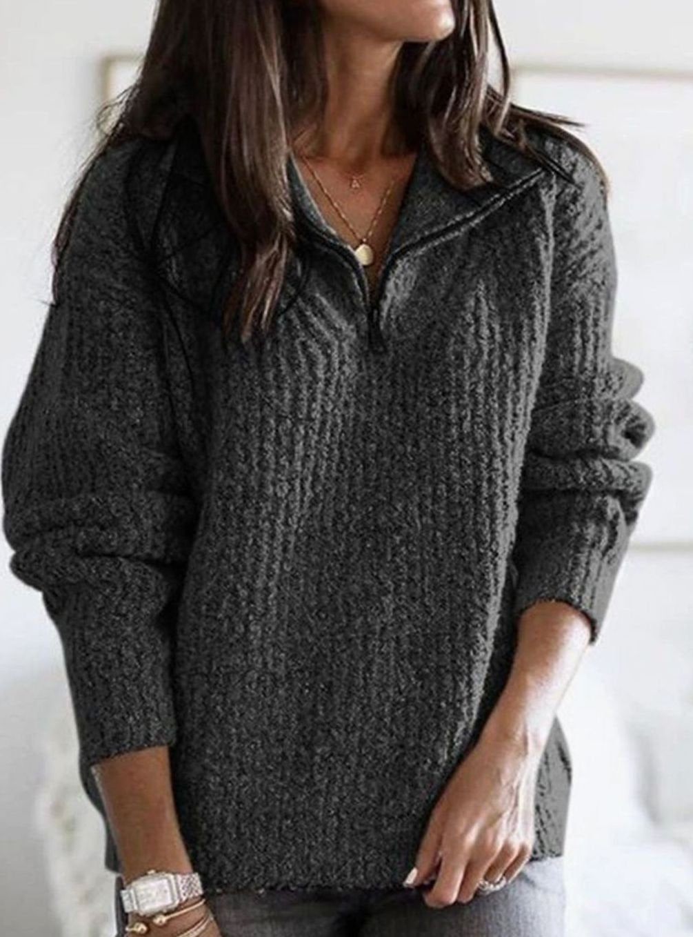 Half-Zip Knit Sweater with Collar - Grey Marl