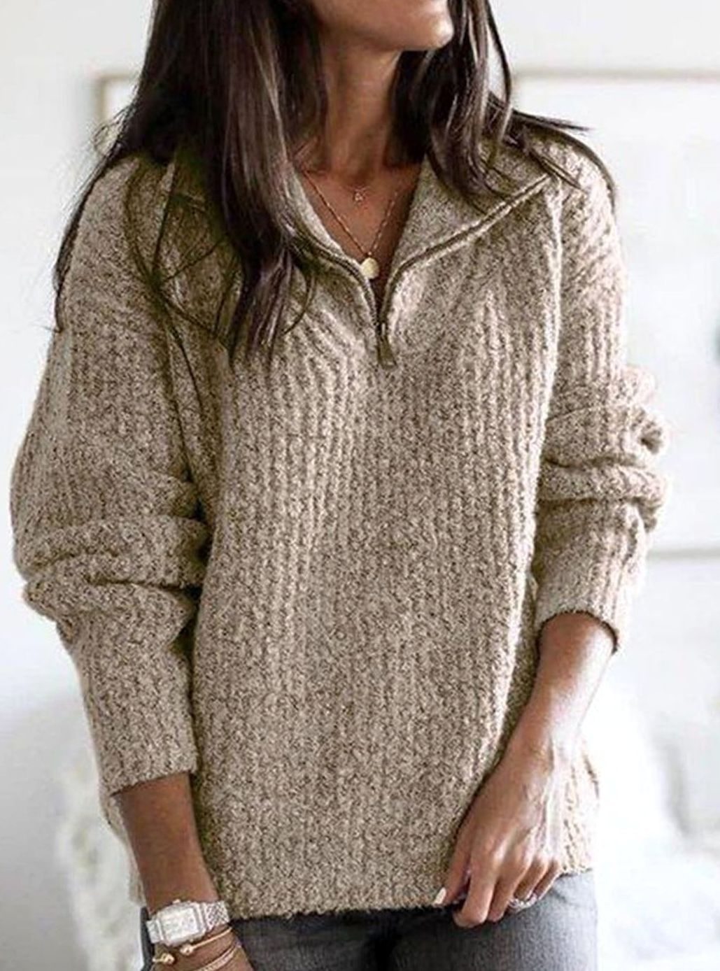 Half-Zip Knit Sweater with Collar - Grey Marl