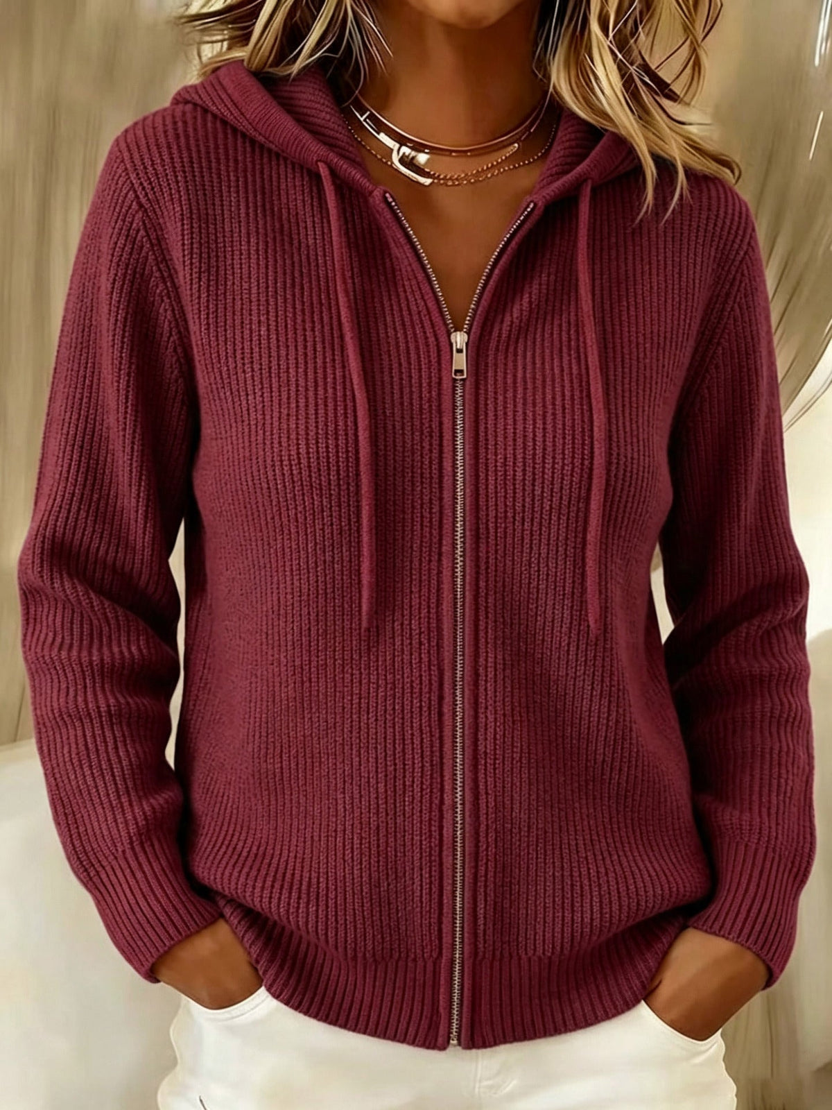 Ribbed Zip-Up Hoodie Cardigan with Hood - Pink