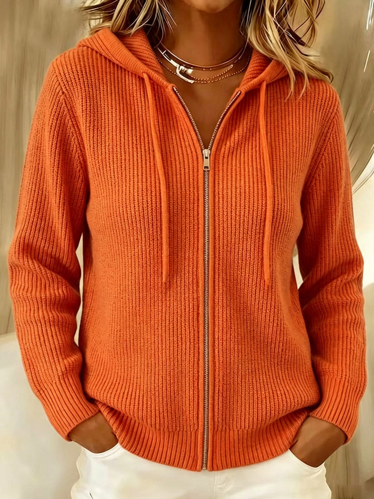 Ribbed Zip-Up Hoodie Cardigan with Hood - Pink