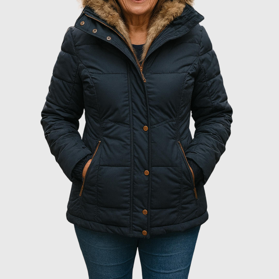 Puffer Jacket with Faux Fur Hood - Black