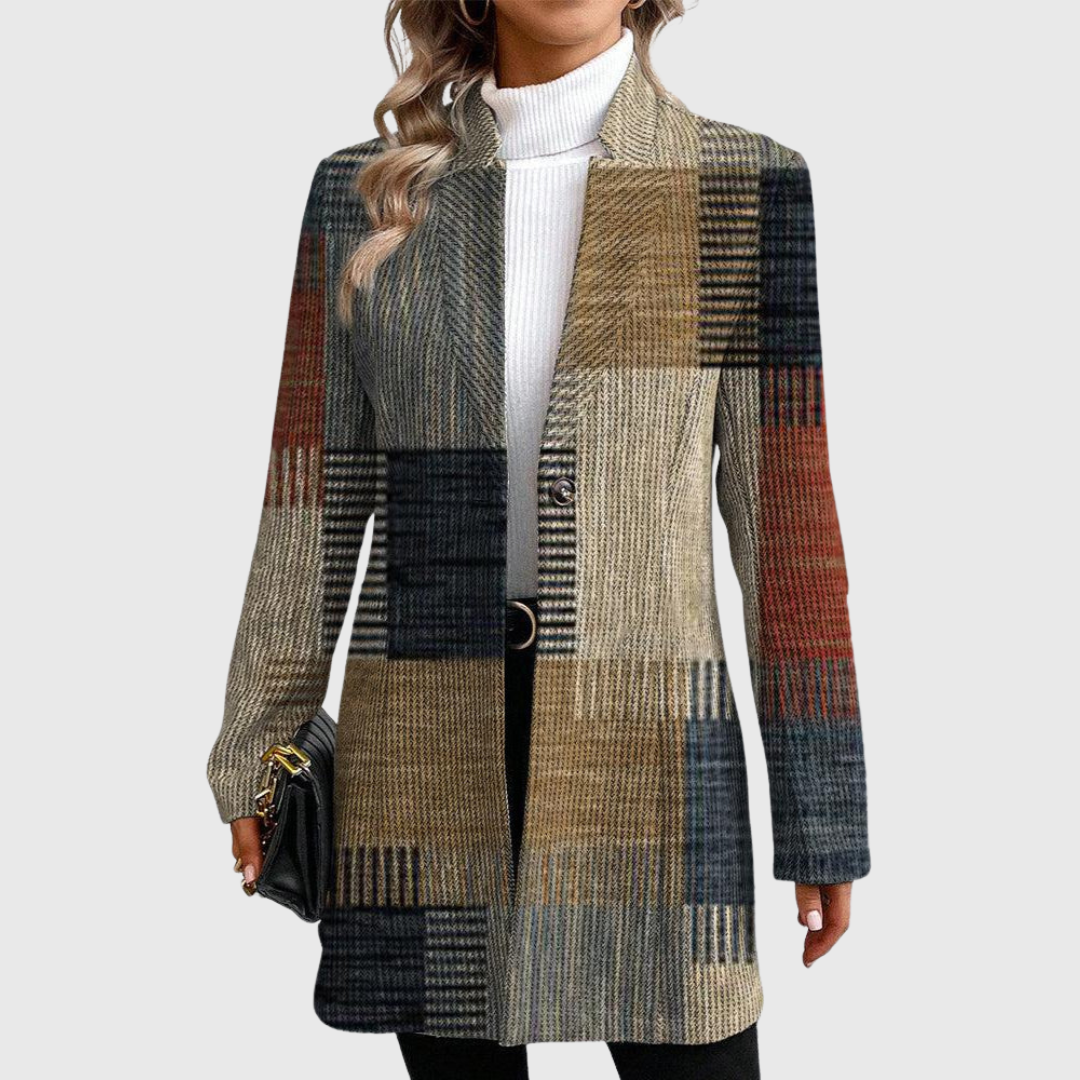 Longline Check Wool Coat with Bold Pattern - Multicolour