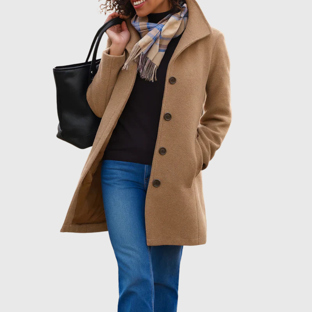 Single Breasted Wool Coat with Notched Collar - Camel