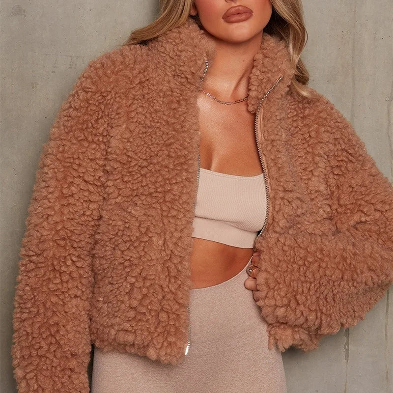 Robyn | Winter Oversized Cropped Full Zip Sherpa Stand Collar Fleece Jacket Women