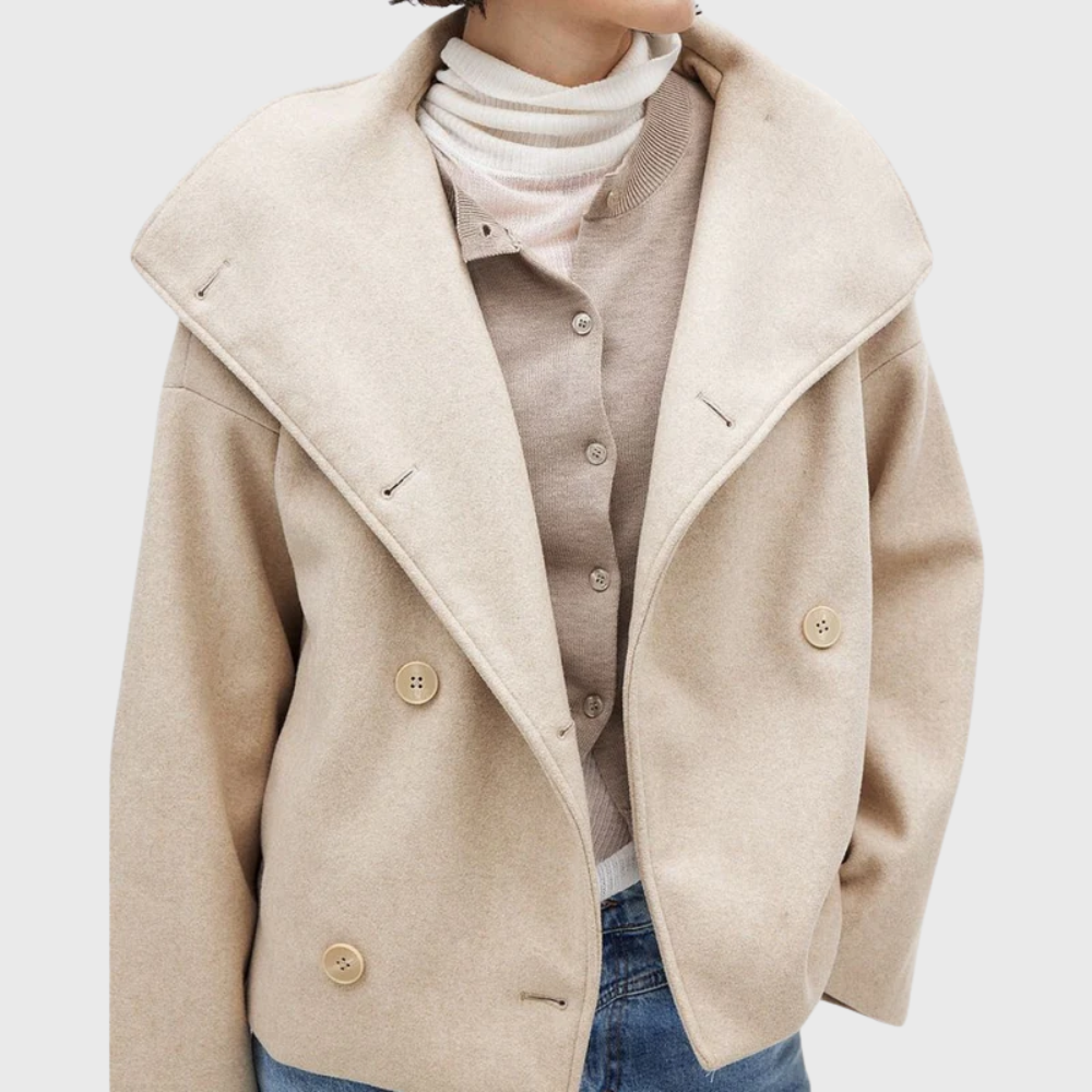 Noa | Oversized Drop Shoulder Collared Double Breasted Button Cropped Peacoat Women
