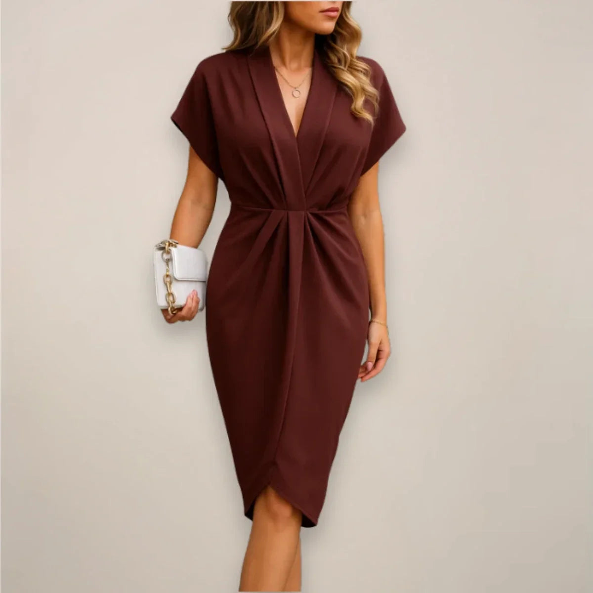Amie | Collared Plunge V Neck Wedding Guest Pleated Midi Wrap Dress Women