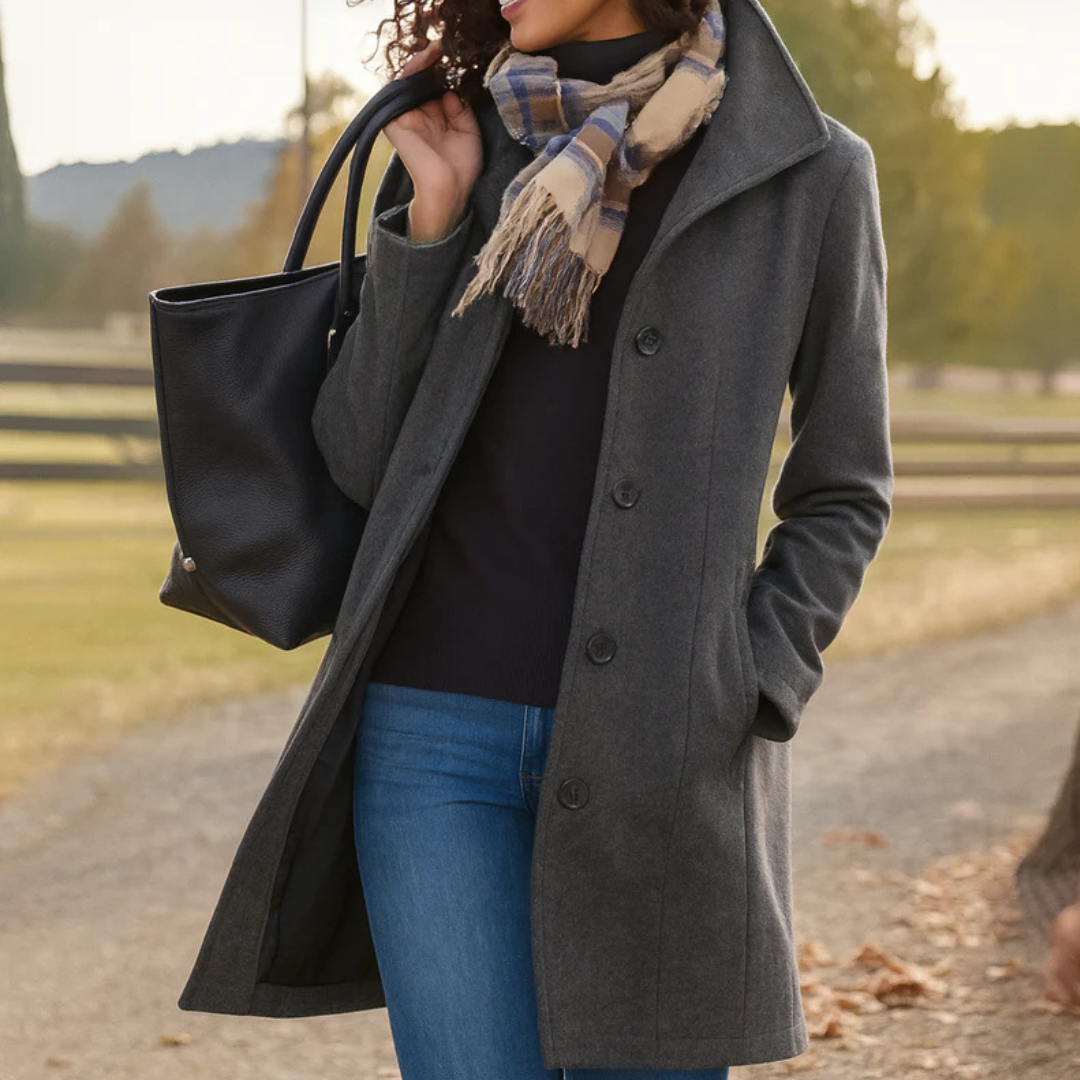 Mid-Length Wool Coat with Button Front - Camel
