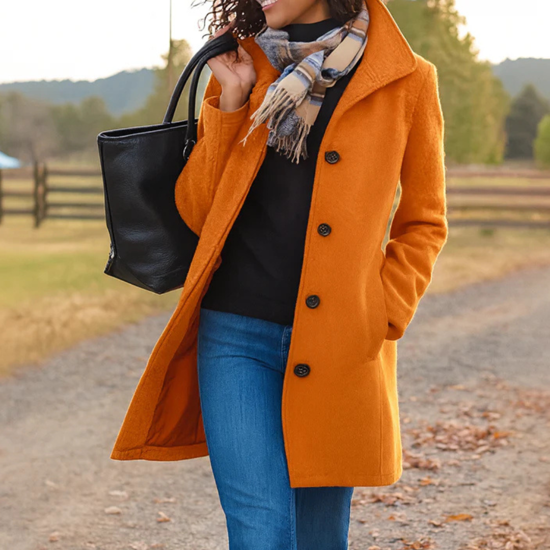 Mid-Length Wool Coat with Button Front - Camel