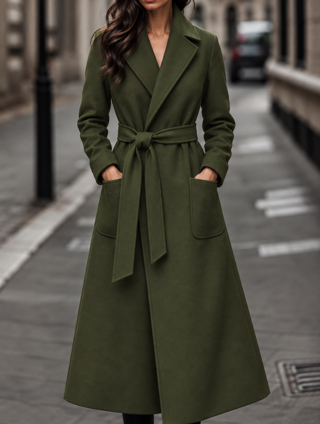 Long Belted Wrap Wool Coat - Burgundy