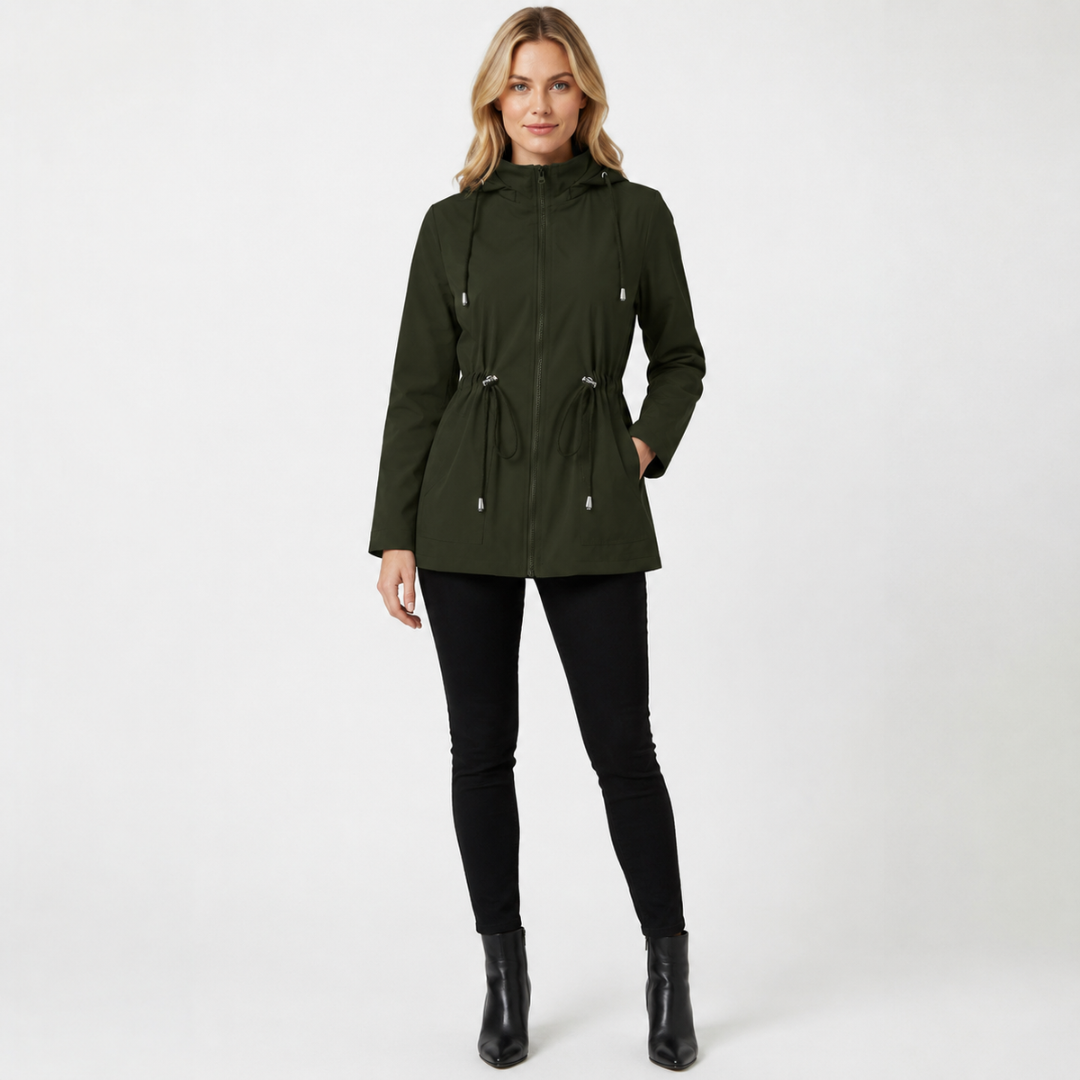 Carys | Drawstring Waist Mid Length Zip Up Hooded Pocket Autumn Windbreaker Jacket Women