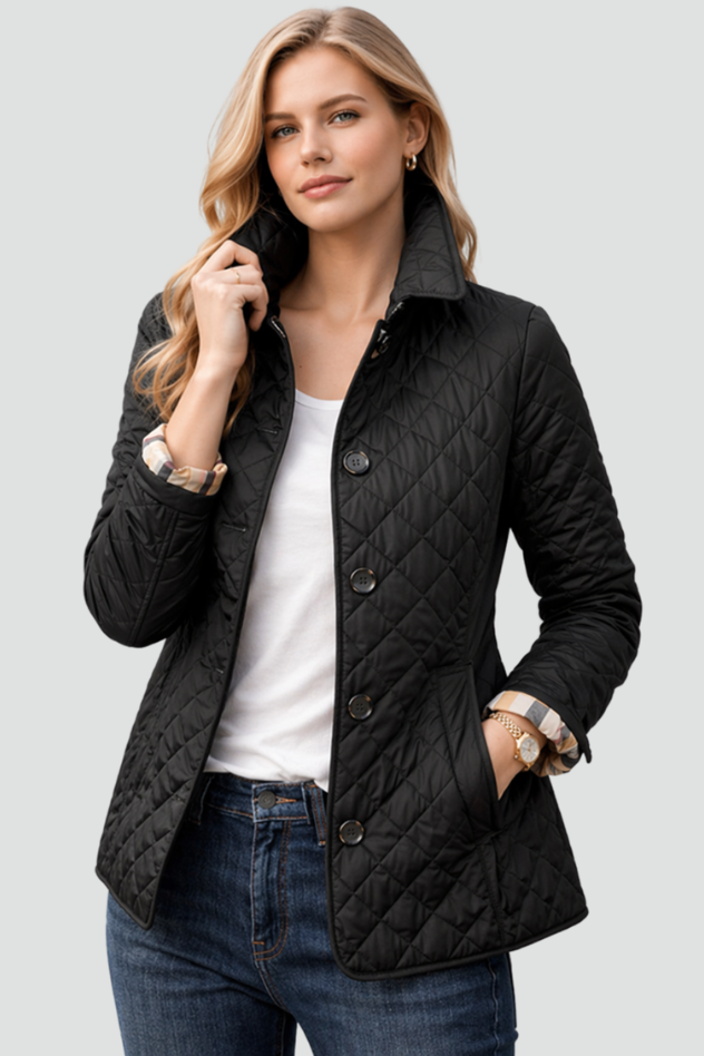 Diamond Quilted Jacket with Button Front - Cream
