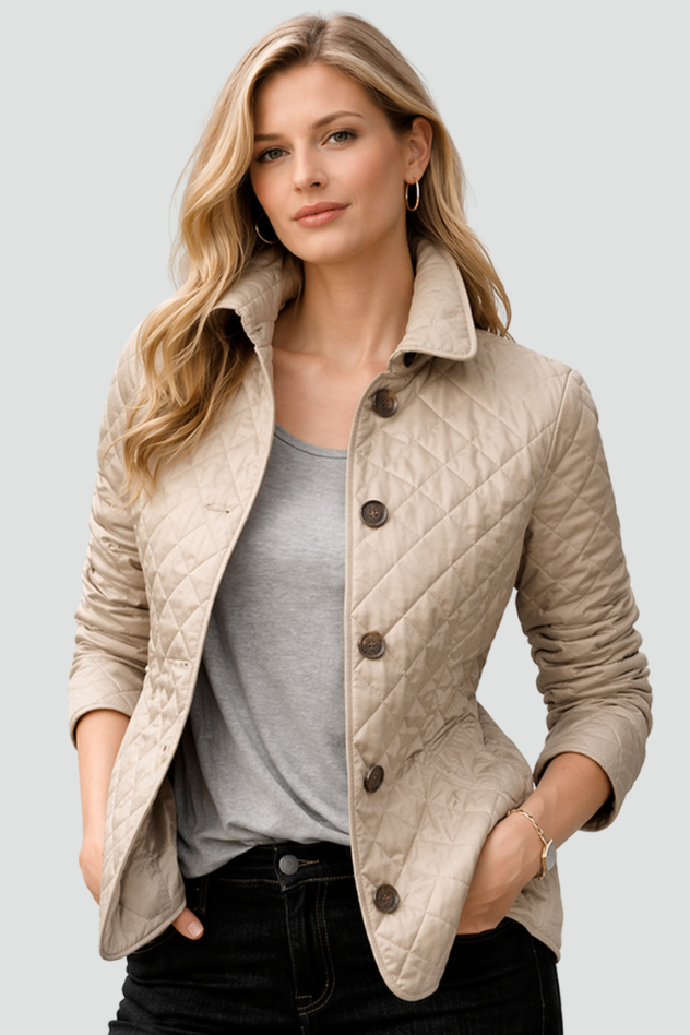 Diamond Quilted Jacket with Button Front - Cream