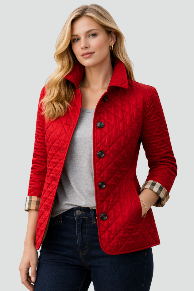 Diamond Quilted Jacket with Button Front - Cream