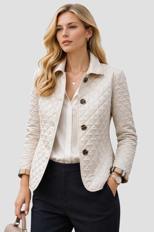 Diamond Quilted Jacket with Button Front - Cream