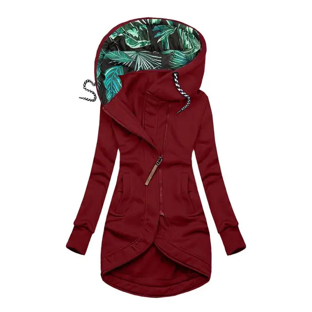 Nell | Fleece Asymmetric Zip Up Drawstring Floral Pockets Autumn Longline Hoodie Women