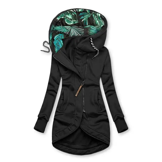 Nell | Fleece Asymmetric Zip Up Drawstring Floral Pockets Autumn Longline Hoodie Women