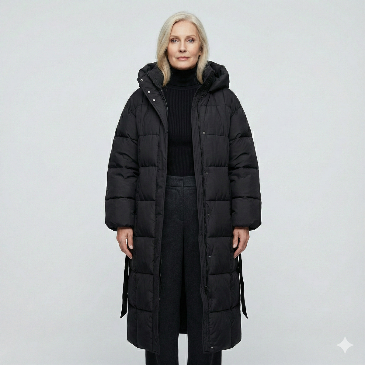 Long Puffer Coat with Belt and Hood - Chocolate Brown
