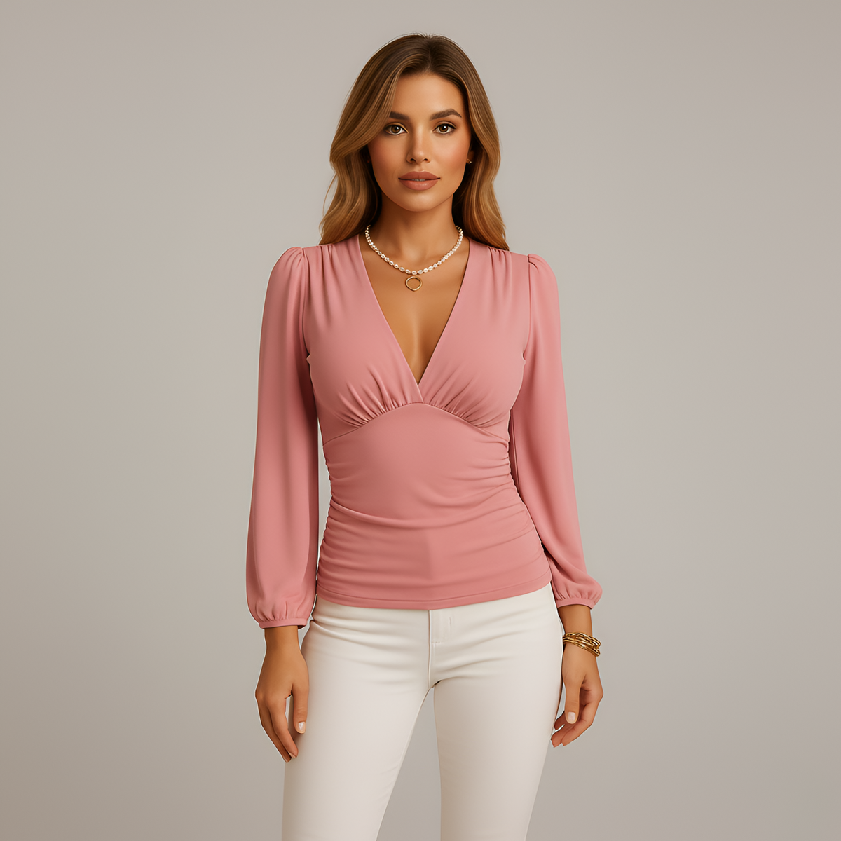 Pearl | Jersey Wrap Ruched Fitted Long Sleeve V Neck Blouse Women