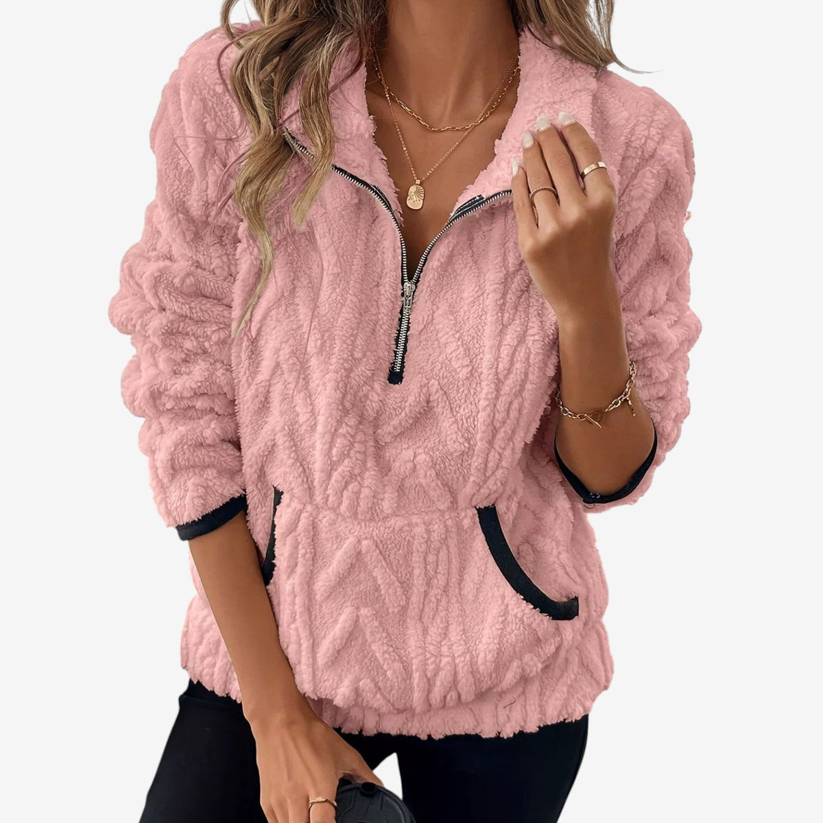 Delia | Winter Oversized Funnel Neck Half Zip Sherpa Fleece Jacket Women