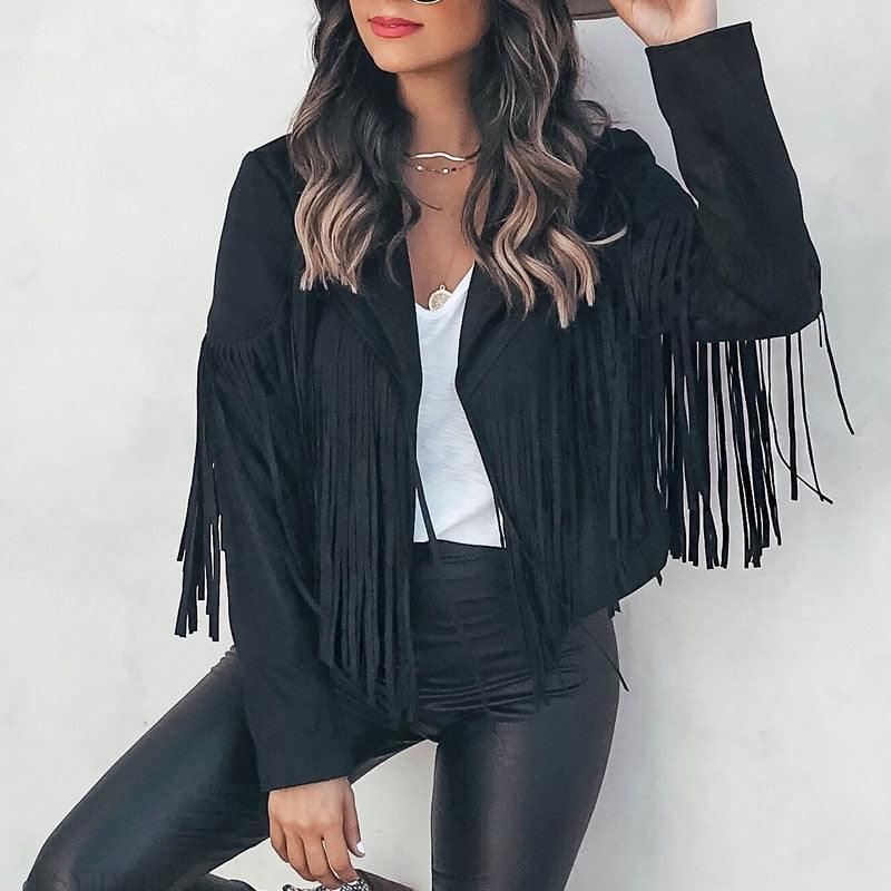 Joy | Cropped Oversized Boxy Lapel Collared Western Fringe Tassel Autumn Faux Suede Blazer Women