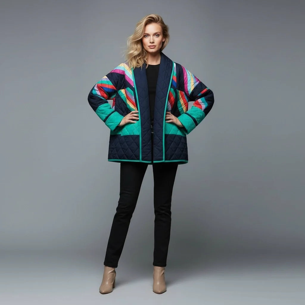 Kate | Patchwork Striped Print Oversized Boxy Autumn Quilted Padded Jacket Women