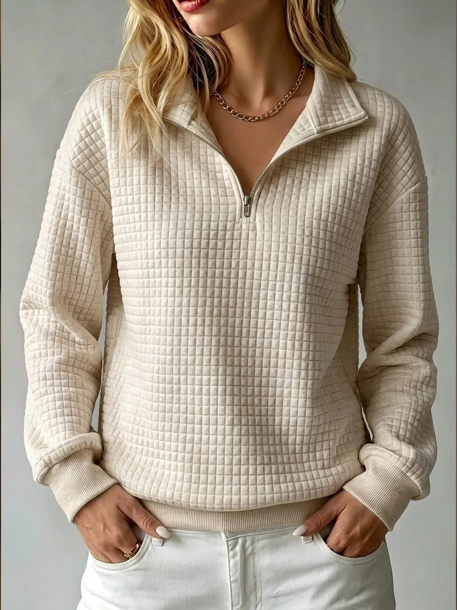 Waffle Knit Half-Zip Sweatshirt with Collar - White