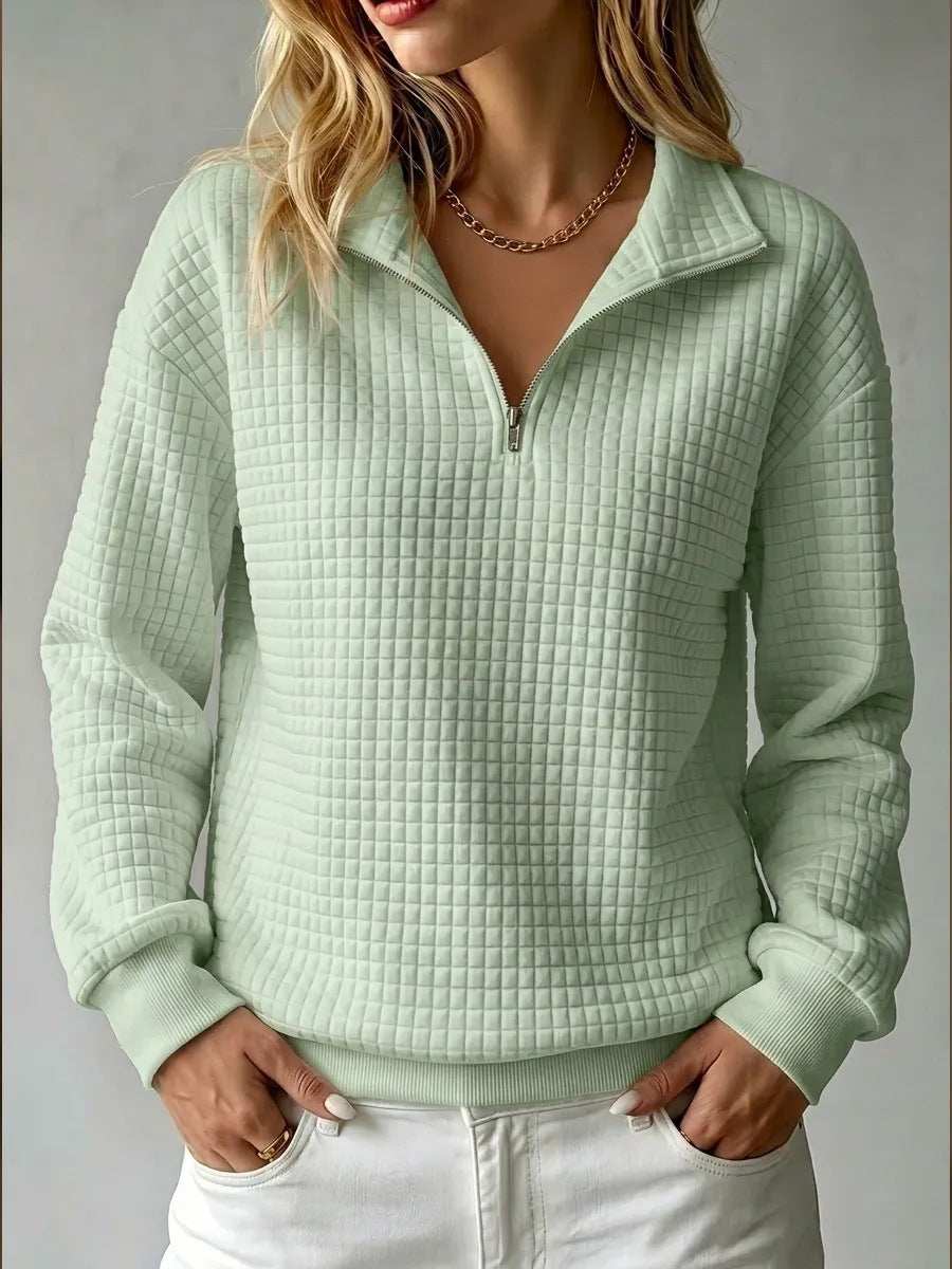 Waffle Knit Half-Zip Sweatshirt with Collar - White