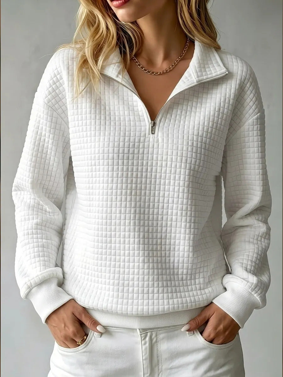 Waffle Knit Half-Zip Sweatshirt with Collar - White