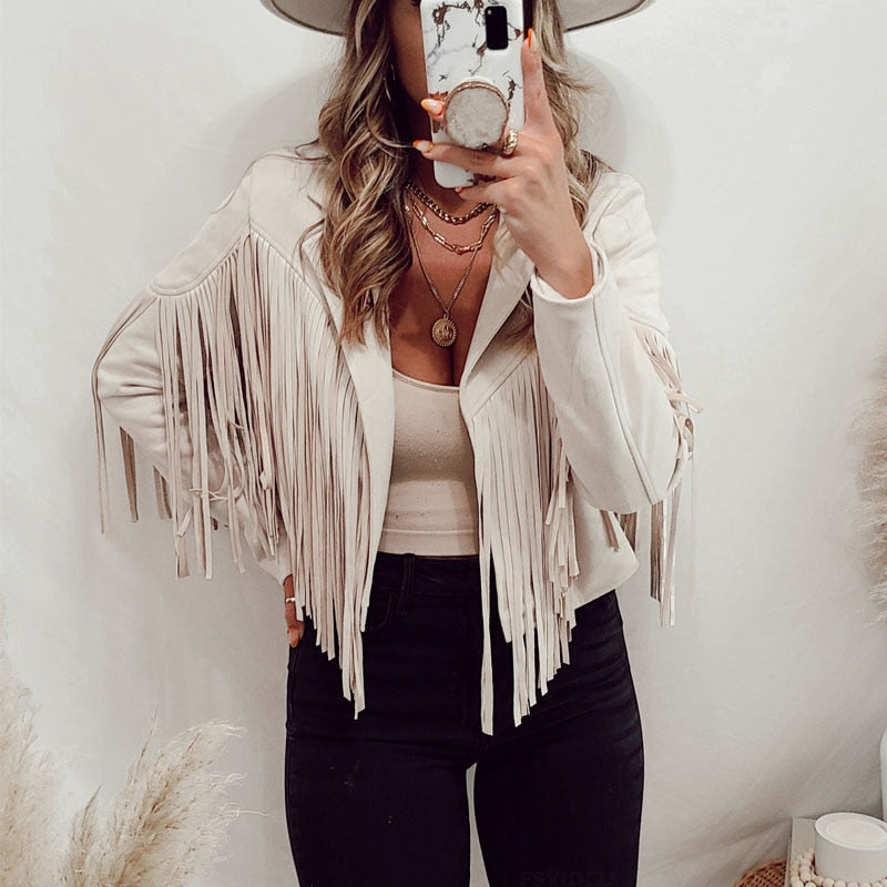 Joy | Cropped Oversized Boxy Lapel Collared Western Fringe Tassel Autumn Faux Suede Blazer Women