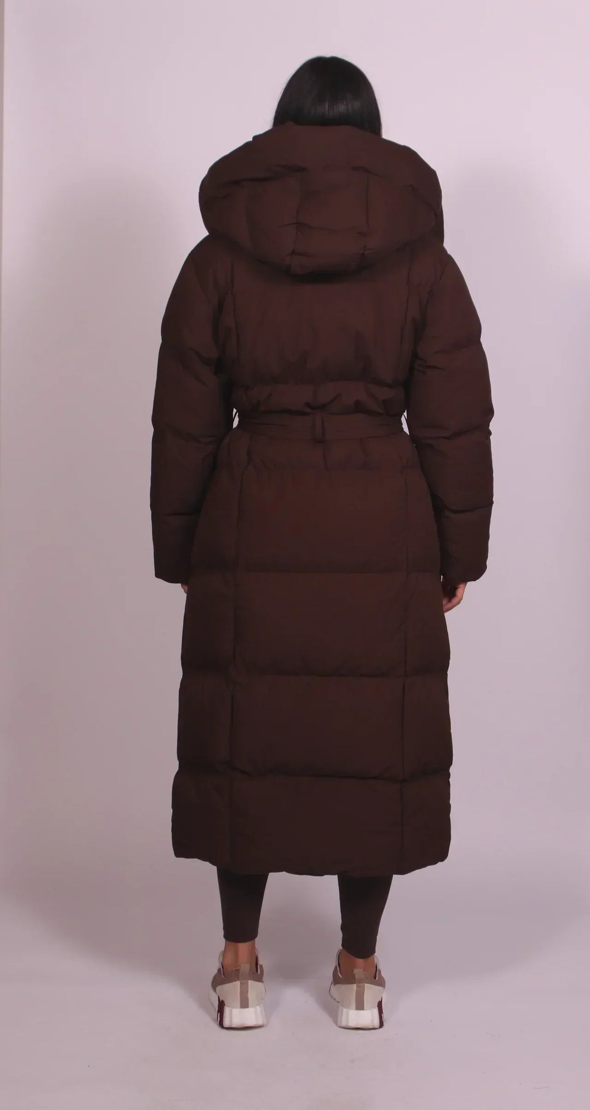 Long Puffer Coat with Belt and Hood - Chocolate Brown