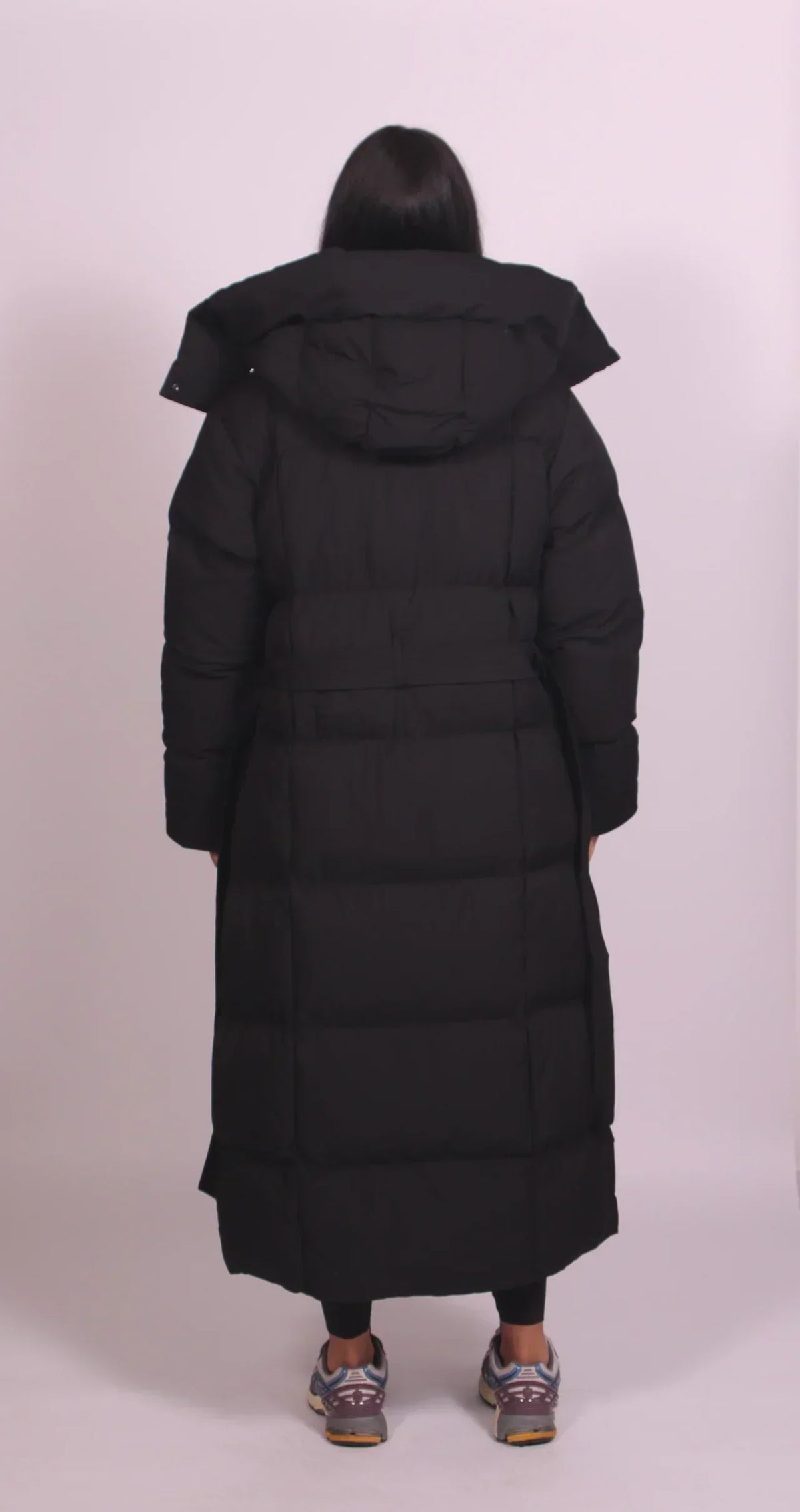 Long Puffer Coat with Belt and Hood - Chocolate Brown