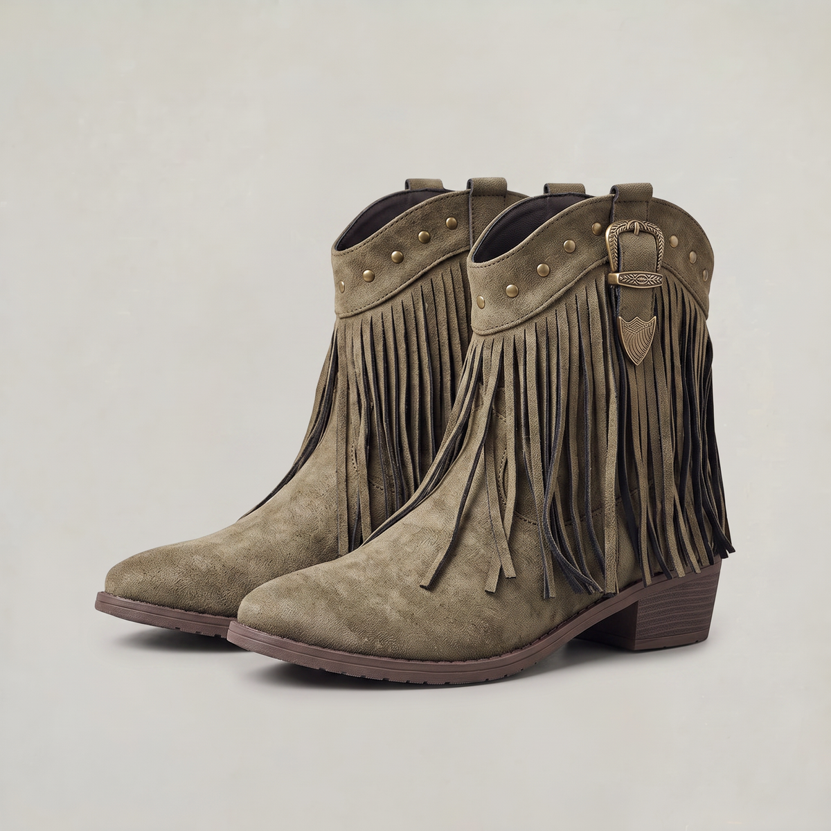 Maddie | Studded Fringe Block Heeled Pull On Autumn Winter Faux Suede Ankle Boots Women