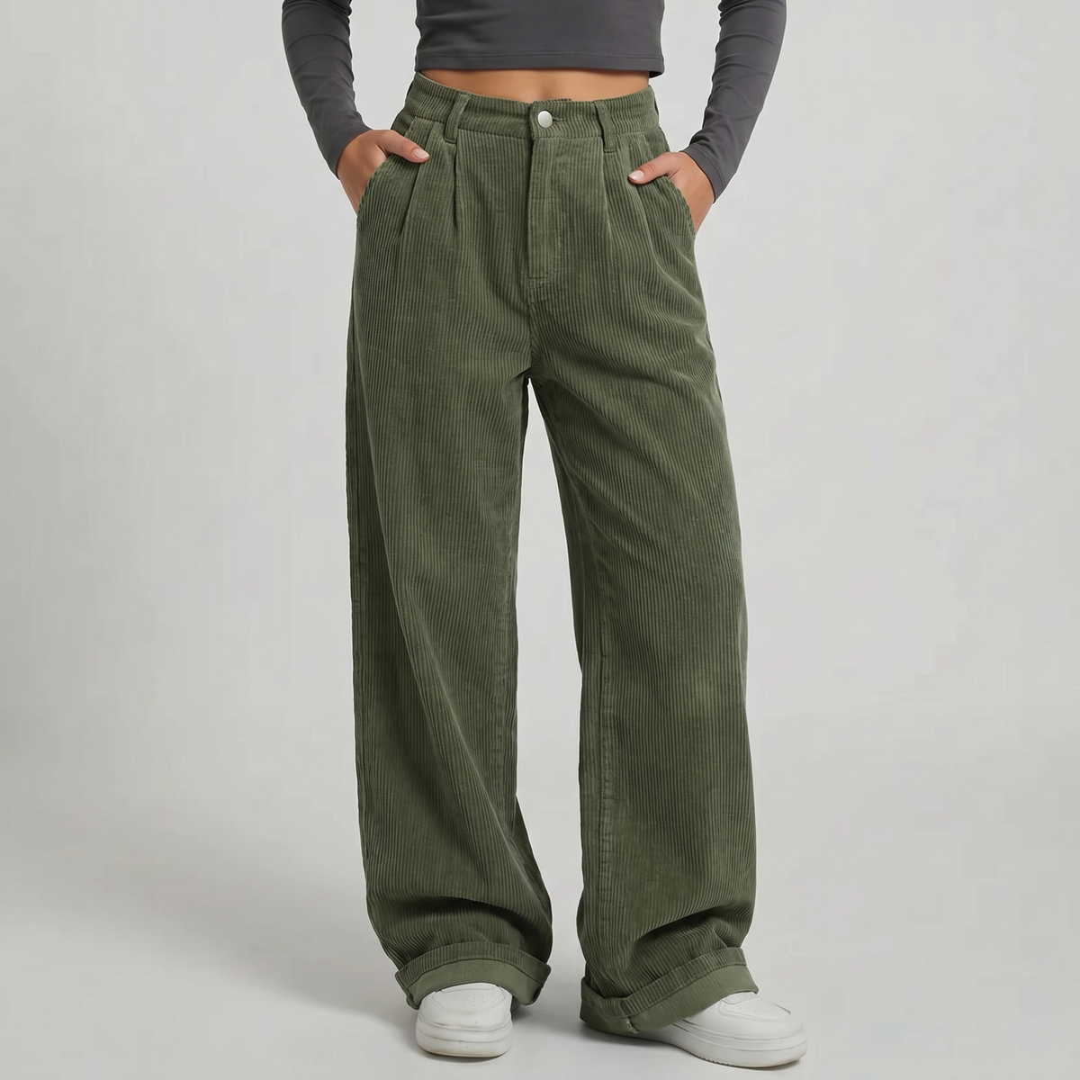 Mila | Loose Pleated Elasticated Turn Up Pockets Autumn Corduroy Wide Leg Trousers Women
