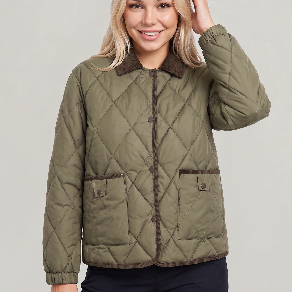 Emma | Winter Collared Corduroy Button Side Pockets Quilted Padded Jacket Women