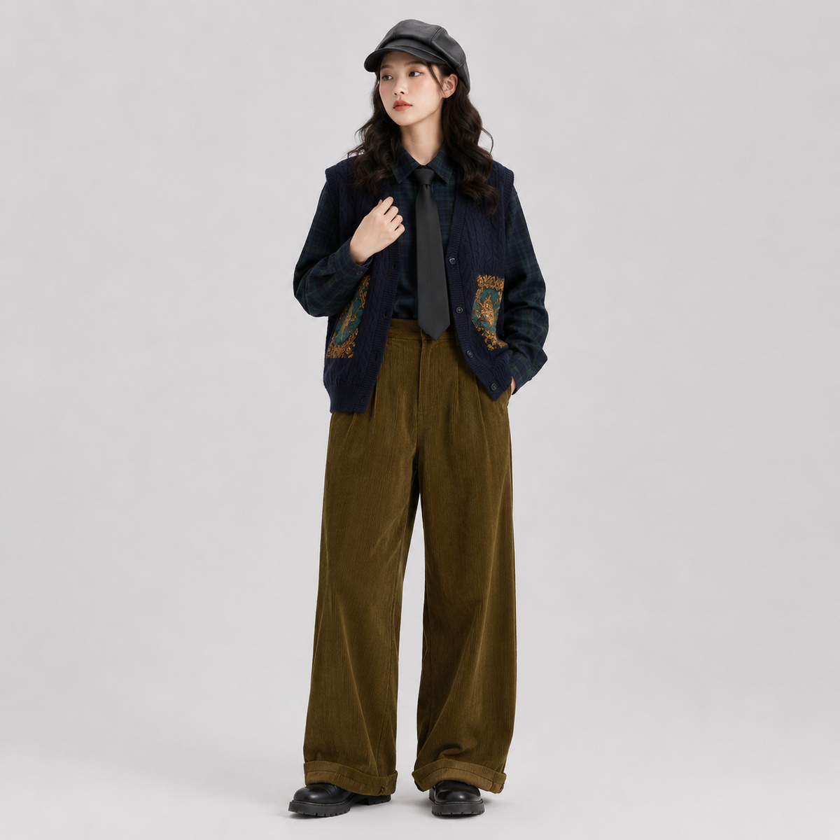 Rowan | Loose Pleated High Waisted Turn Up Autumn Corduroy Wide Leg Trousers Women