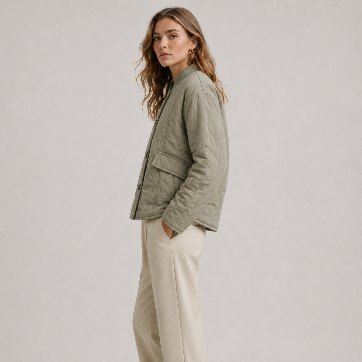 Quilted Bomber Jacket with Stand Collar - Olive