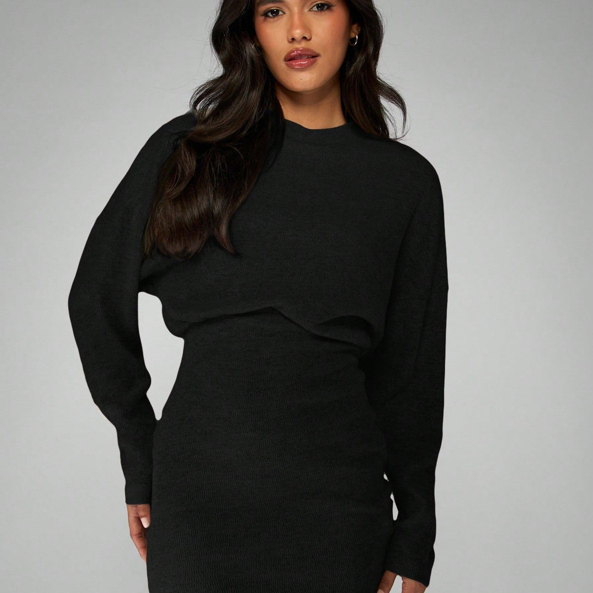Maria | Round Neck Long Sleeve Oversized Autumn Ribbed Knit Mini Jumper Dress Women