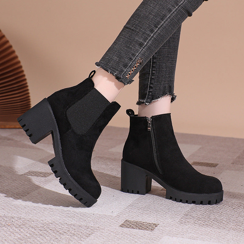 Dani | Round Toe Faux Suede Platform Block Heel Lug Autumn Chelsea Boots Women